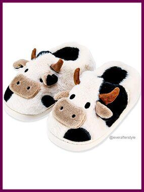 Fluffy Faux Fur Cow Slippers Memory Foam Non-Slip Indoor Outdoor